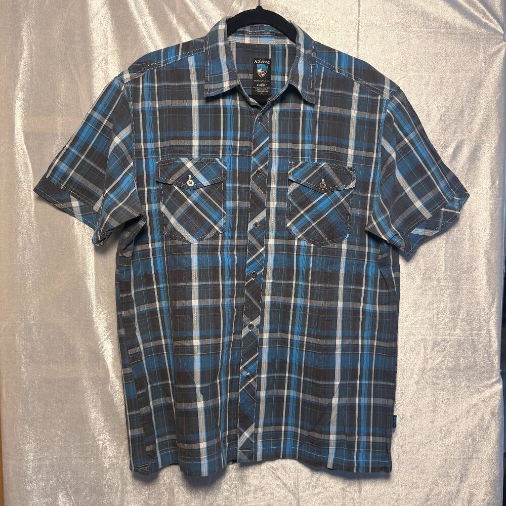 KÜHL Mens Plaid Short Sleeve Button Up Shirt Large Sun Protection Hiking Blue Gr